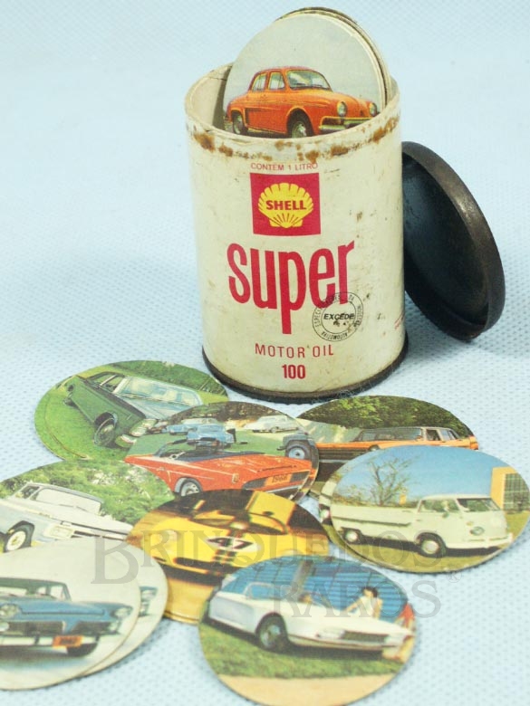 Brinquedo antigo Jogo da Memória Lata de Óleo Shell Super com 44 pares de discos com imagens de Carros Brasileiros da época 6,00 cm de altura Década de 1970