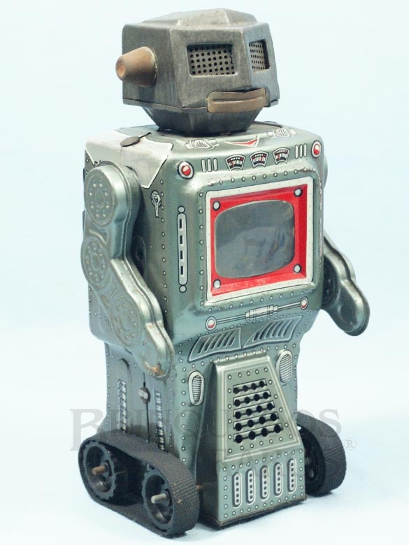 Brinquedo antigo Robot com esteiras e TV no peito 22,00 cm de altura Década de 1970