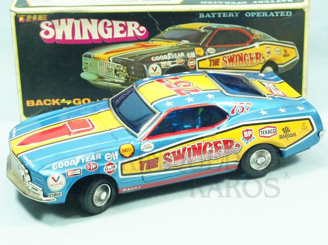 Brinquedo antigo Ford Mustang Mach I The Swinger azul Sistema Cavalo de Pau 27,00 cm de comprimento Década de 1970