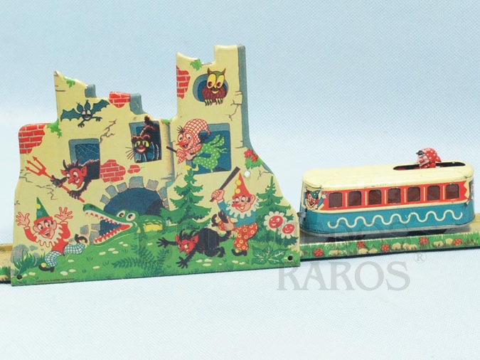 Brinquedo antigo Trem Fantasma Halloween Car Pista com Bonde e Castelo Mau Assombrado 62,00 x 38,00 cm Made in US Zone Década de 1950