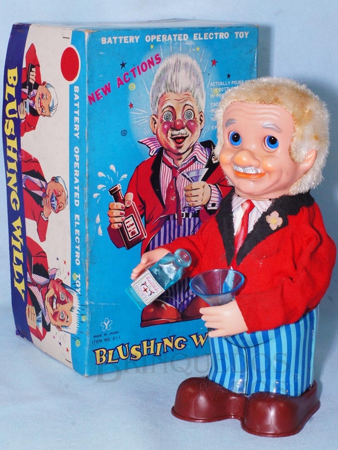 Brinquedo antigo Automato Blushing Willy com Garrafa de Whisky 26,00 cm de altura Derrama Liquido no copo e simula beber Movimenta os braços os olhos e acende o nariz Década de 1970