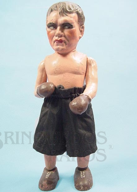 Brinquedo antigo Boneco Automato Pugilista Boxeador com 26,00 cm de altura Estrutura e mecanismo em metal e corpo em Papier Mache década de 1920