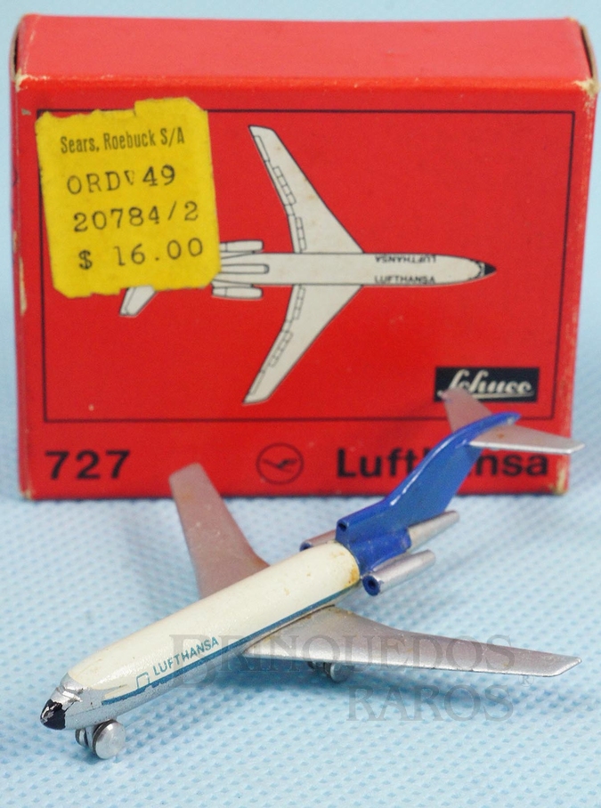 Brinquedo antigo Avião Boeing 727 Lufthansa numerado 784/2 com 6,00 cm de envergadura Década de 1960