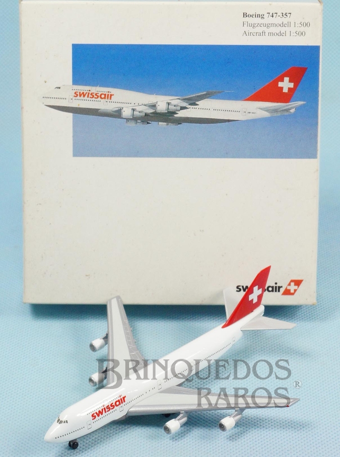 Brinquedo antigo Avião Boeing 747-357 Swissair Série Herpa Wings com 12,00 cm de envergadura Década de 2000