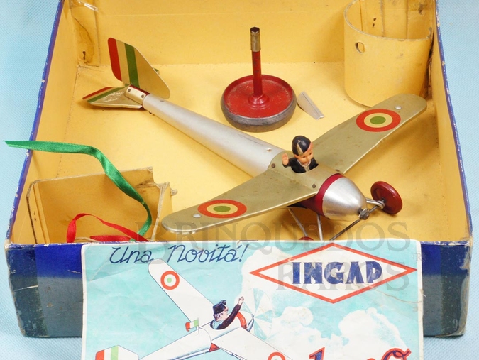 Brinquedo antigo Avião Giroplano com 32,00 cm de envergadura Movimento por Giroscópio Piloto de Celuloide Década de 1930