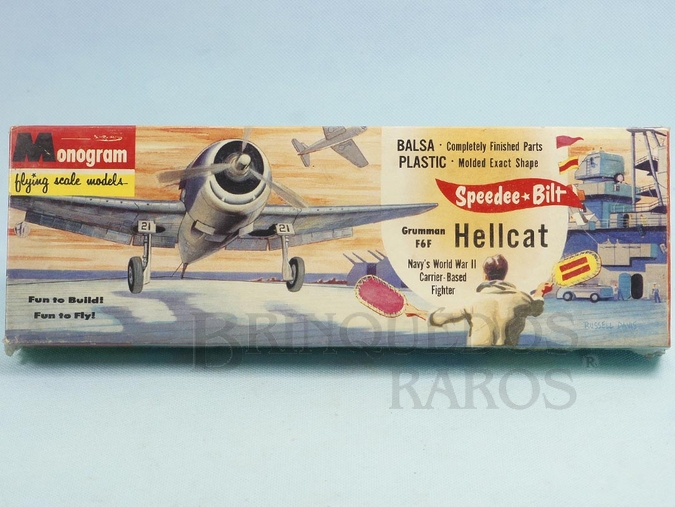 Brinquedo antigo Avião Grumman F6F Hellcat com peças em madeira balsa e plástico Caixa lacrada Década de 1950
