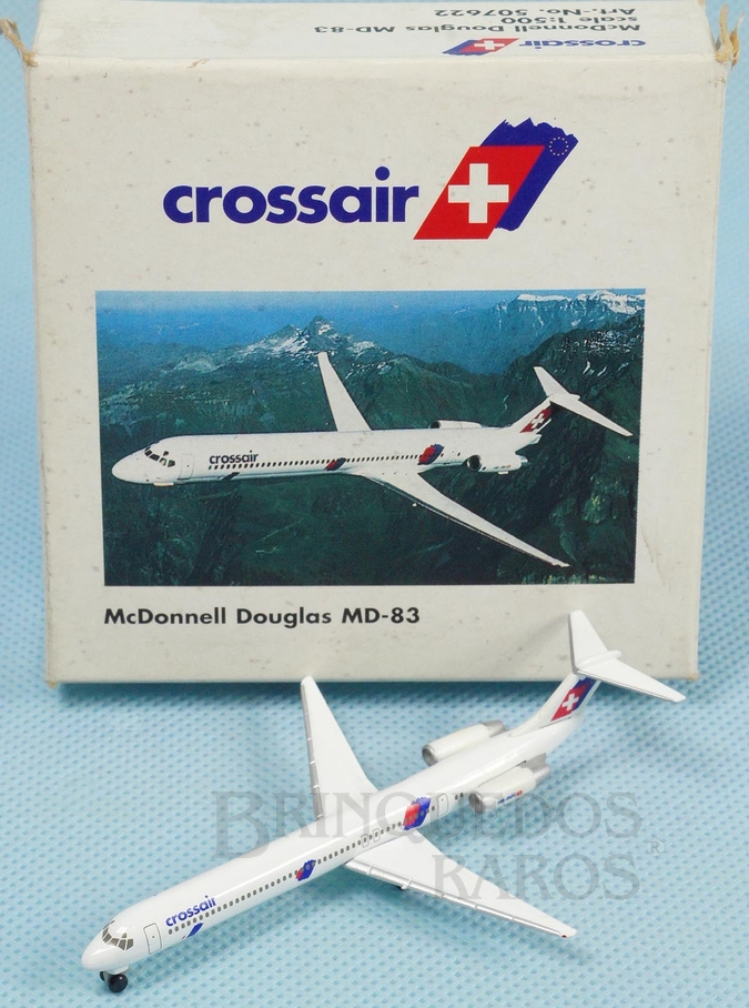 Brinquedo antigo Avião McDonnell Douglas MD-83 Crossair Série Herpa Wings com 6,50 cm de envergadura Década de 2000