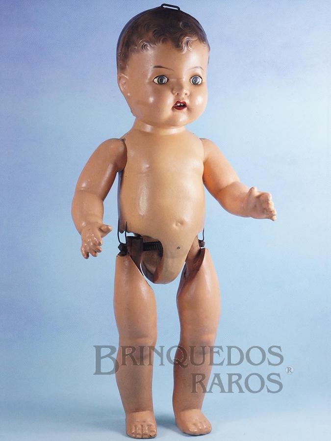Brinquedo antigo Bebê de Massa com 60 cm de altura Cabelos pintados olhos de dormir e dispositivo para andar Década de 1940