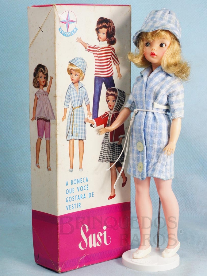 Brinquedo antigo Boneca Susi 100% original Olhos Pintados Perfeito estado Primeira Série vestido azul Completa com Suporte Ano 1966