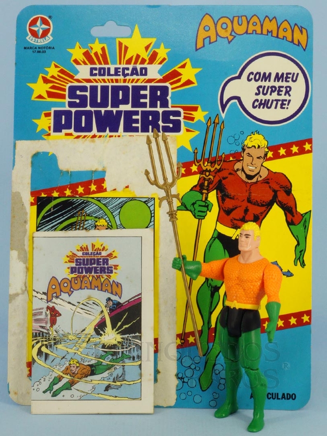 Brinquedo antigo Boneco do Aquaman articulado Coleção Super Powers perfeito estado 100% original completo com Tridente Cartela e Mini Comic Década de 1980