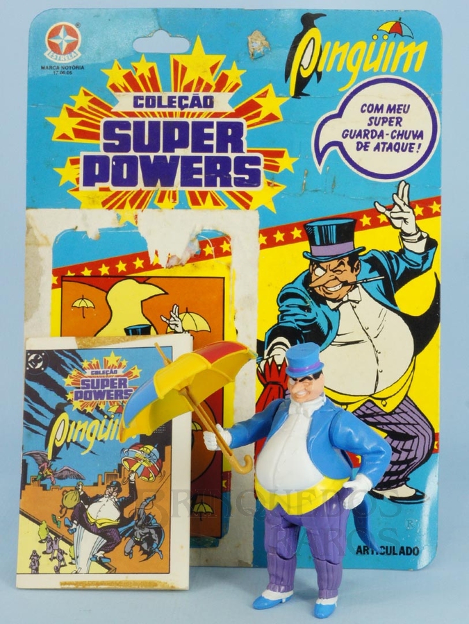Brinquedo antigo Boneco do Pinguim articulado Coleção Super Powers perfeito estado 100% original completo com Guarda Chuva Cartela e Mini Comic Ano 1987