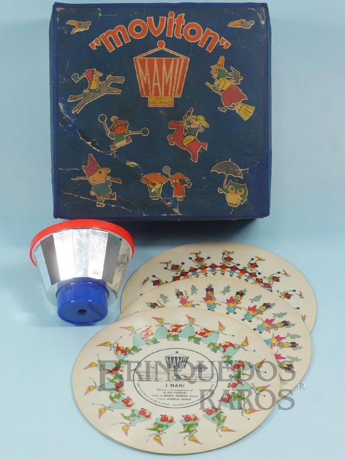 Brinquedo antigo Brinquedo Óptico e Musical Moviton tipo Lanterna Mágica composto por Disco que toca música e jogo de espelhos que projeta o movimento dos Personagens Década de 1960
