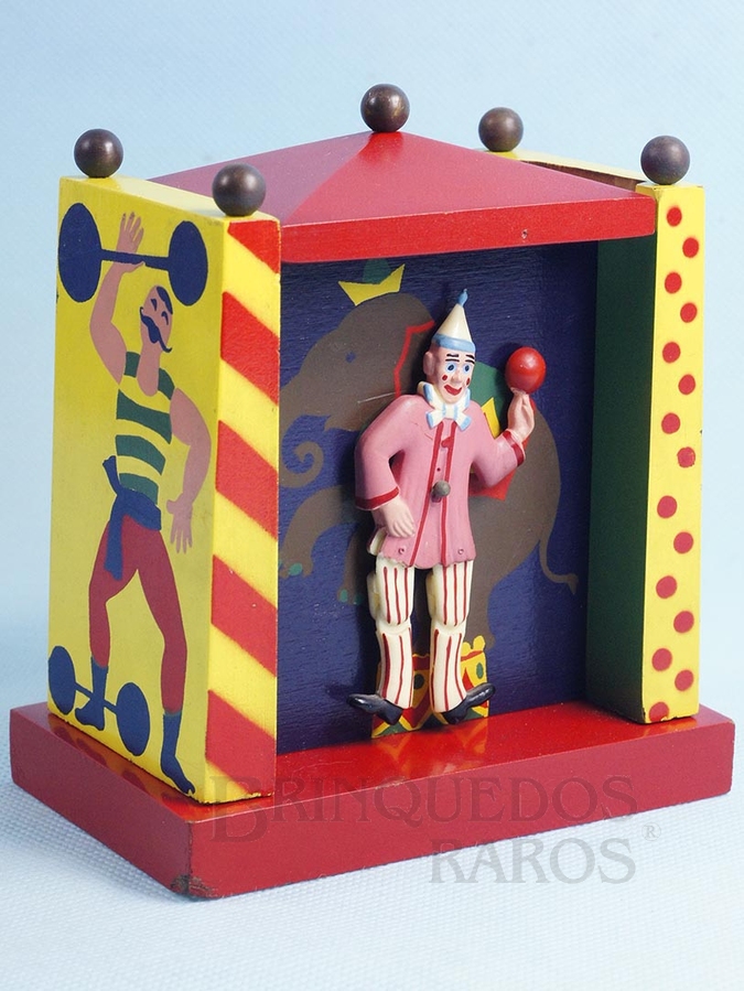 Brinquedo antigo Caixa de Música Palco do Circo com Palhaço dançarino 14,00 cm de altura Melodia Tico Tico no Fubá Datado 8 Set 1967
