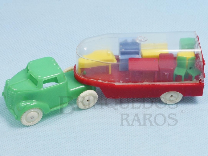 Brinquedo antigo Caminhão de Mudança com Cavalo Mecânico e Carreta transparente com diversos móveis em miniatura 14,00 cm de comprimento Década de 1950