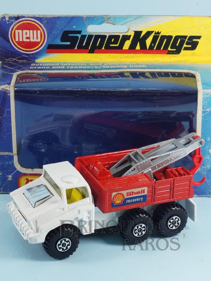 Brinquedo antigo Caminhão Guincho Heavy Breakdown Truck Shell Recovering Label Série Super Kings Década de 1970