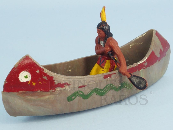 Brinquedo antigo Canoa com índio remando Série Acampamento Apache