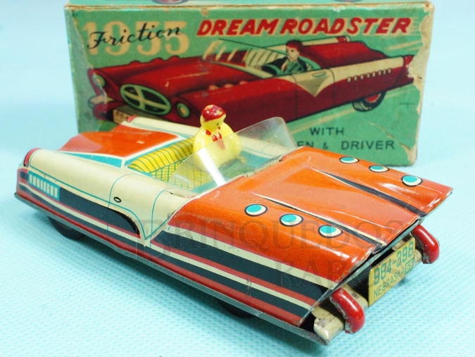 Brinquedo antigo Carro Conceito 1955 Dream Roadster com 12,00 cm de comprimento fabricado em lata litografada pela Nomura Toys no Japão e distribuído pela Linemar nos Estados Unidos Apresenta motor a fricção e sua respectiva Caixa Original Década de 1950