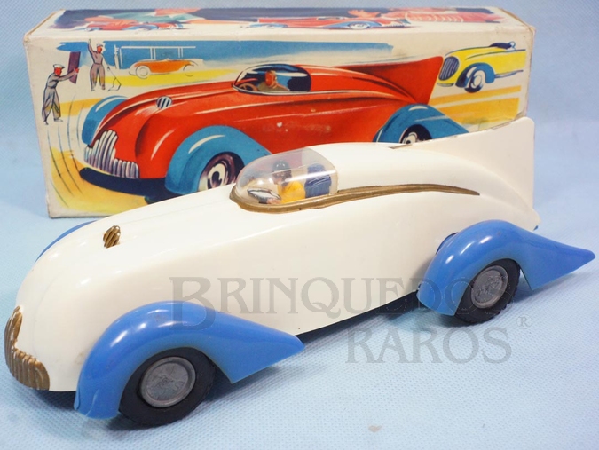 Brinquedo antigo Carro de Corrida Siku 137 com 25,00 cm de comprimento Fabricado pela Siku Alemanha Carroceria de plástico rígido e mecânica de metal com motor à fricção Década de 1950