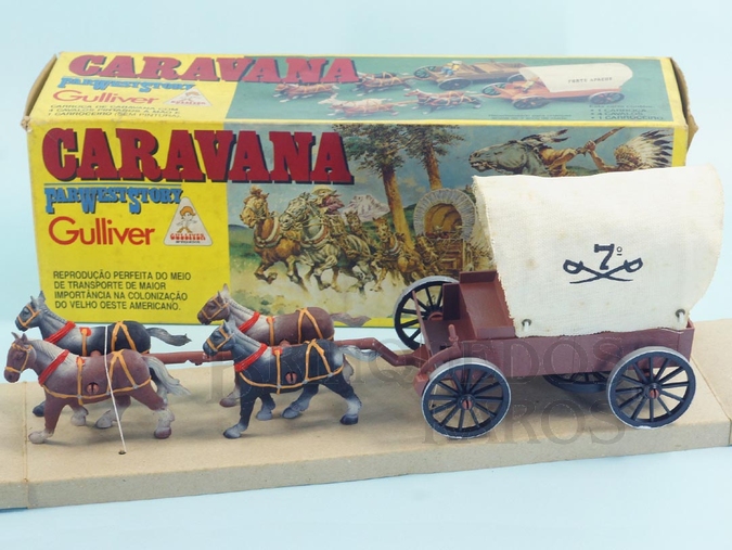 Brinquedo antigo Carroça coberta com quatro cavalos Gulliver Série Far-West Story Ano 1986