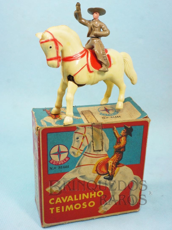 Brinquedo antigo Cavalinho Teimoso com Cowboy 9,00 cm de altura Caixa datada 02-06-1970