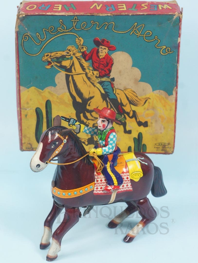 Brinquedo antigo Cavalo com Cowboy Mechanical Western Hero 18,00 cm de altura Década de 1960