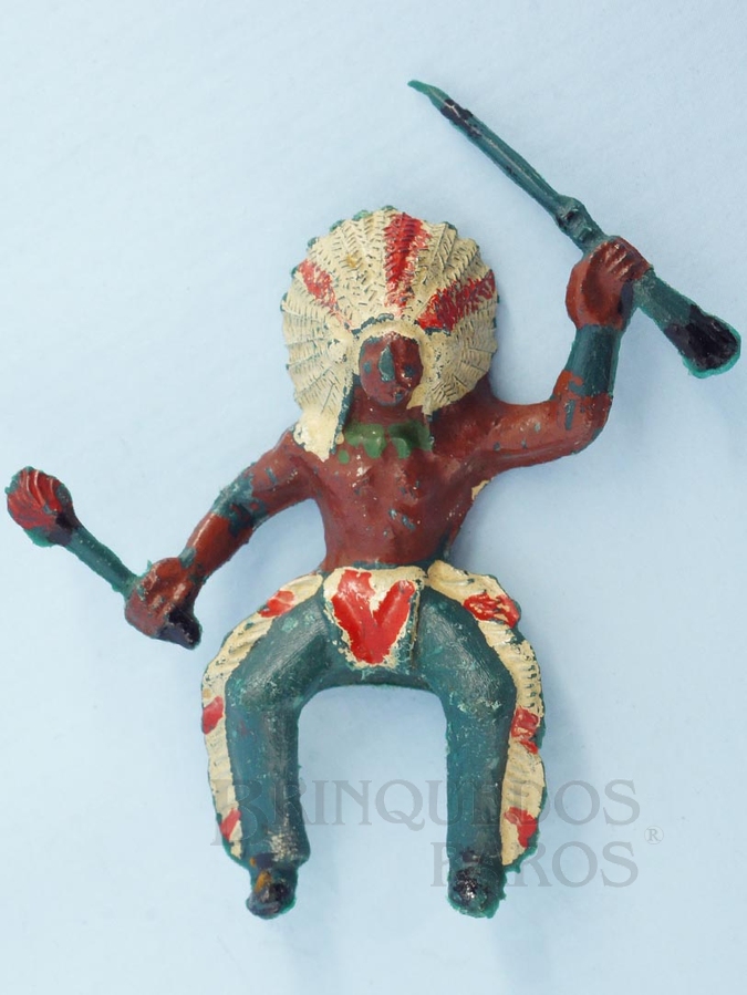Brinquedo antigo Chefe índio montado a cavalo com rifle e tocha Casablanca plástico azul escuro pintado Década de 1960