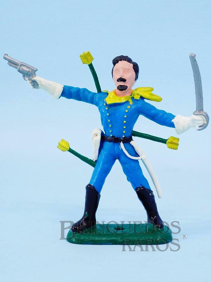 Brinquedo antigo Comandante da Sétima Cavalaria a pé com sabre e revolver Plástico azul Série Atlantic Ano 1986