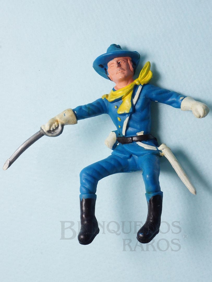 Brinquedo antigo Comandante da Sétima Cavalaria montado a cavalo com Sabre Plástico azul Série Atlantic Ano 1986  