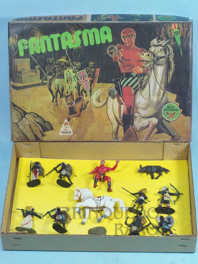 Brinquedo antigo Conjunto completo com Fantasma a cavalo Capeto e 8 Nativos Africanos Série África Misteriosa Década de 1970
