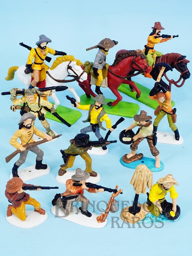 Brinquedo antigo Conjunto completo de 12 Cowboys Mineradores e 3 cavalos Série Atlantic Far-West Story Ano 1986