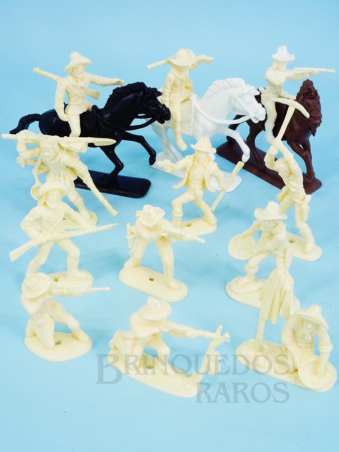 Brinquedo antigo Conjunto completo de 12 Cowboys Mineradores e 3 cavalos Série Atlantic Far-West Story Ano 1987