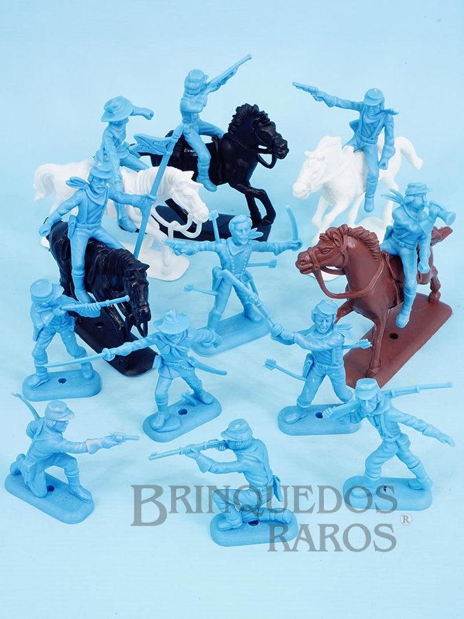 Brinquedo antigo Conjunto completo de 12 Soldados azul claro da Sétima Cavalaria e 5 cavalos Série Atlantic Far-West Story Ano 1987