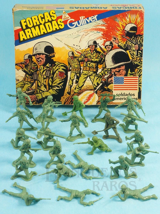 Brinquedo antigo Conjunto completo de 24 Soldados Americanos em 12 poses diferentes Série Forças Armadas Década de 1980