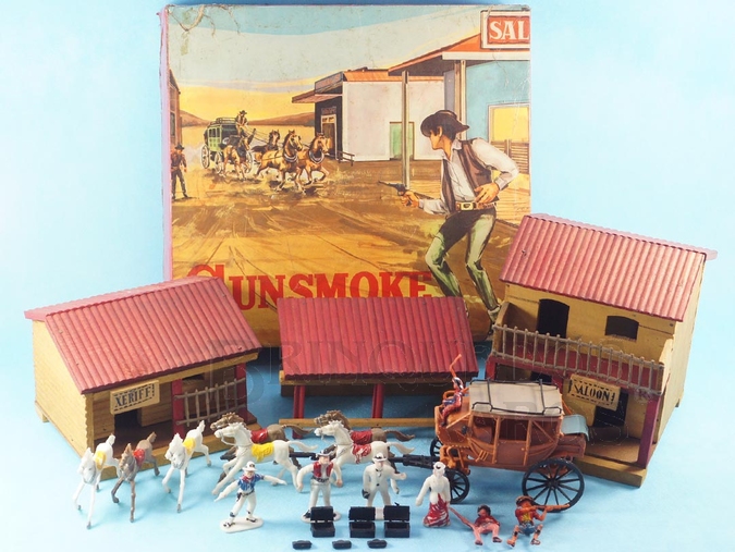 Brinquedo antigo Conjunto Completo Gunsmoke Trol com Diligência Figuras Cavalos Saloon Xeriff e Estábulo 100% original Perfeito estado Década de 1970
