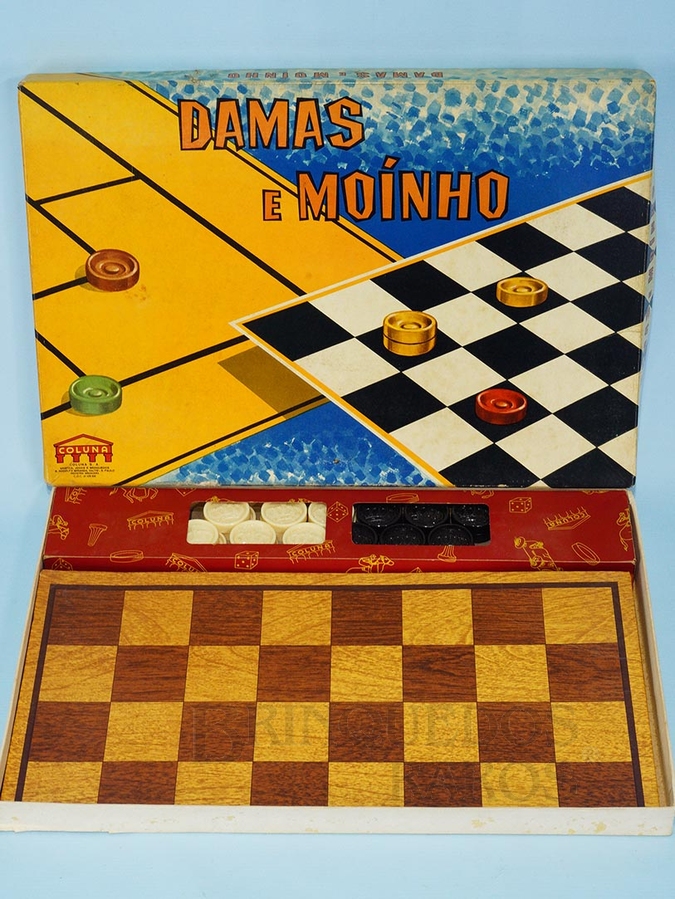 Brinquedo antigo Conjunto de Jogos Damas e Moinho Completo perfeito estado Década de 1960