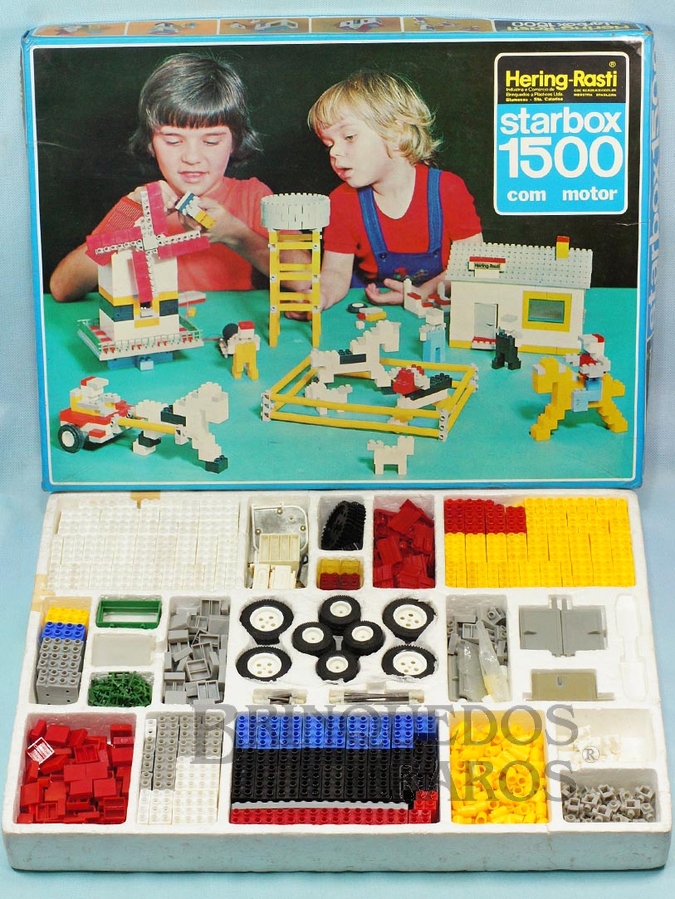 Brinquedo antigo Conjunto de montar Starbox 1500 com 1150 peças Motor Caixa de pilhas Engrenagens etc Década de 1970