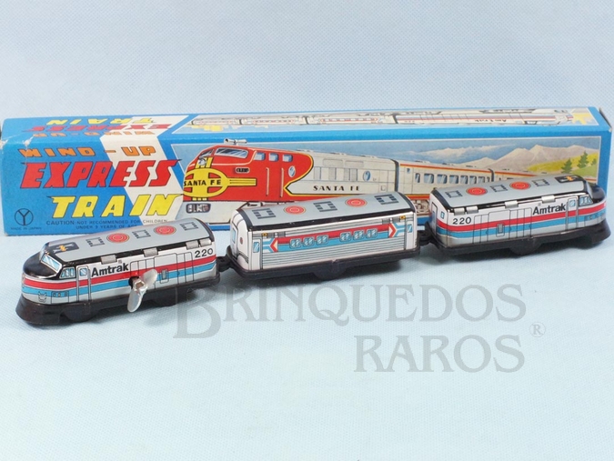 Brinquedo antigo Conjunto de Trem de Passageiros Amtrak Wind Up Express Trais com duas locomotiva e um Carro de Passageiros Década de 1970