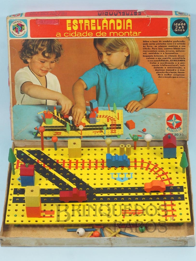 Brinquedo antigo Conjunto Estrelândia A Cidade de Montar Completo com peças de madeira Coleção Aprender Brincando Caixa Datada 28 Fev 1973