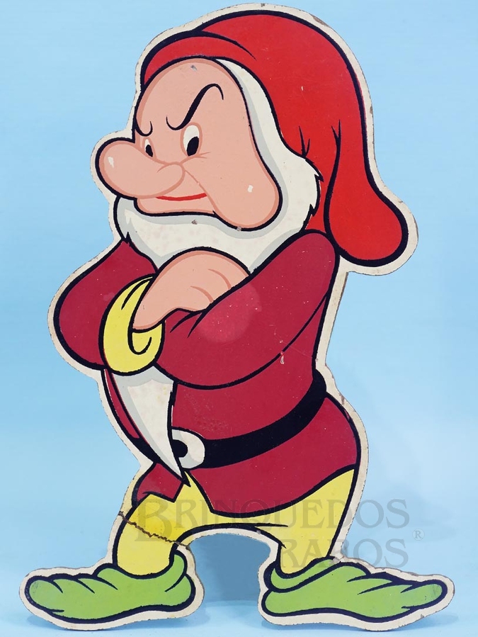 Brinquedo antigo Enfeite de parede Personagem Zangado da História Branca de Neve com 19,00 cm de altura impressão manual em Duratex sob Licença Walt Disney Década de 1960