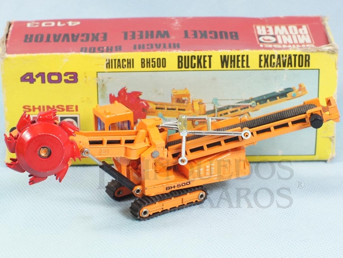 Brinquedo antigo Escavadeira Rotatória Hitachi BH500 Bucket Wheel Excavator com 17,00 cm de comprimento Série Mini Power Década de 1980