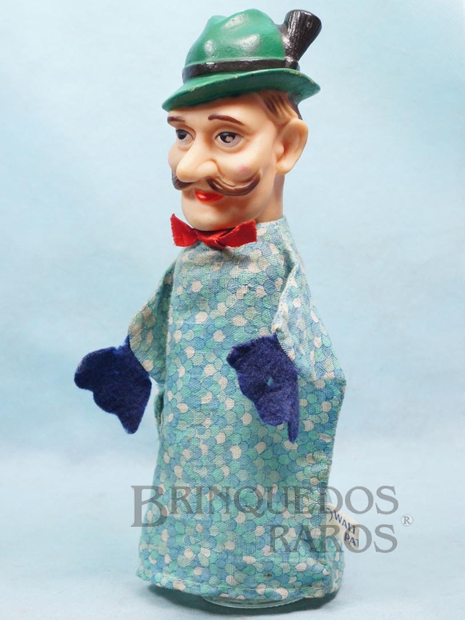 Brinquedo antigo Fantoche Caçador da História Chapeuzinho Vermelho 22,00 cm de altura Cabeça de vinil Etiqueta Walt Disney Patent Ano 1956