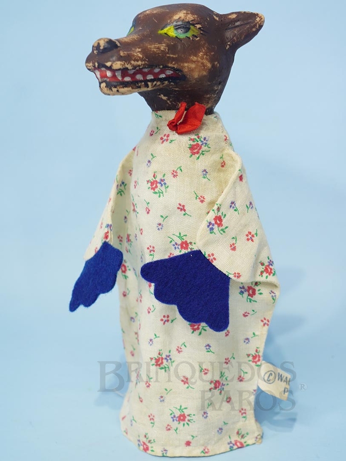 Brinquedo antigo Fantoche Lobo Mau da História Chapeuzinho Vermelho 22,00 cm de altura Cabeça de vinil Etiqueta Walt Disney Patent Ano 1956