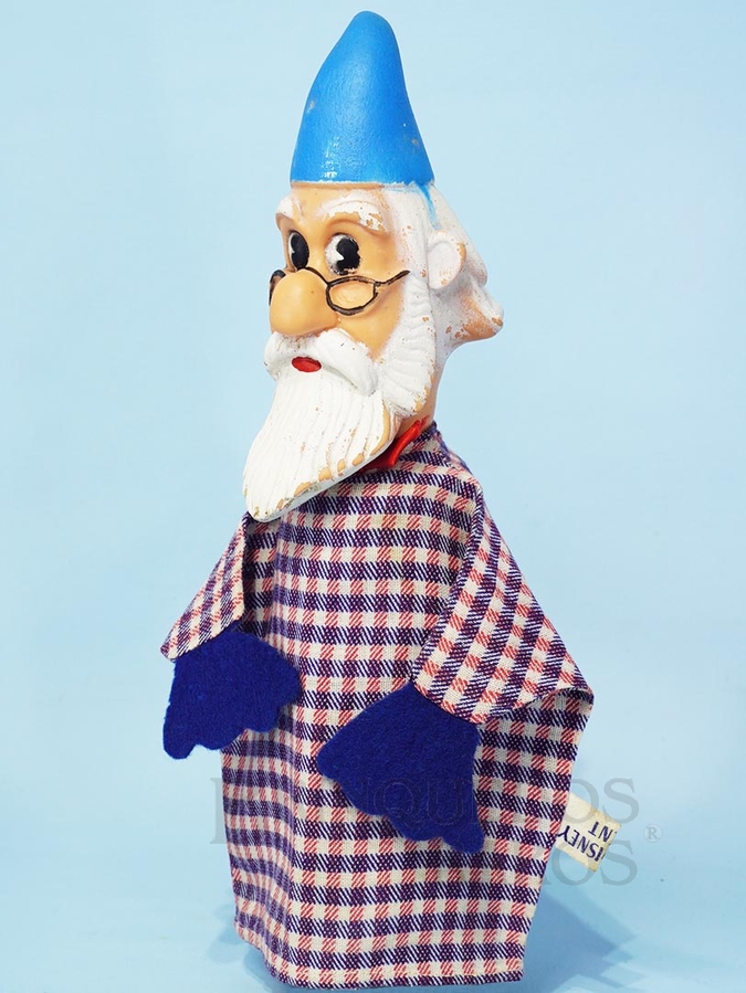 Brinquedo antigo Fantoche Mago Merlin da História Rei Arthur 22,00 cm de altura Cabeça de vinil Etiqueta Walt Disney Patent Ano 1956