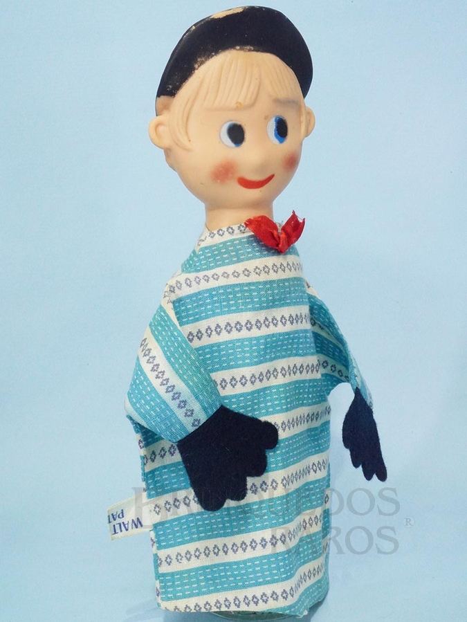 Brinquedo antigo Fantoche Pedro da História Pedro e o Lobo 22,00 cm de altura Cabeça de vinil Etiqueta Walt Disney Patent Ano 1956