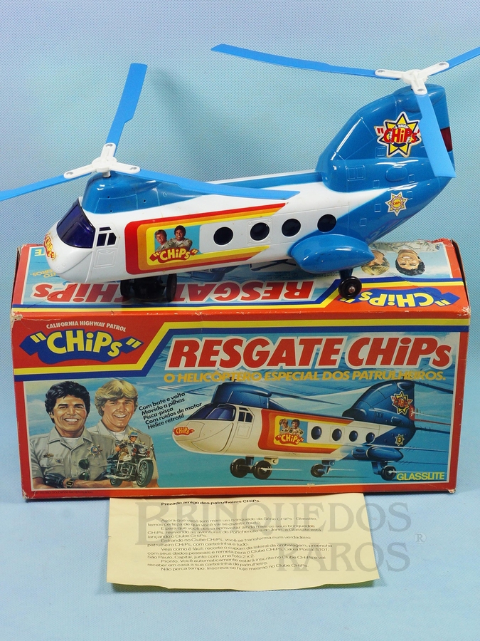 Brinquedo antigo Super Helicóptero Resgate Chips com 34,00 cm de comprimento Sistema Bate e Volta Década de 1980