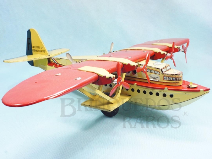 Brinquedo antigo Hidroavião Latécoère 521 com 49,00 cm de envergadura fabricado pela J.M.L. Jouet Magnim de Lyon, França em lata Motor à corda impulsiona as rodas de borracha Ano 1935