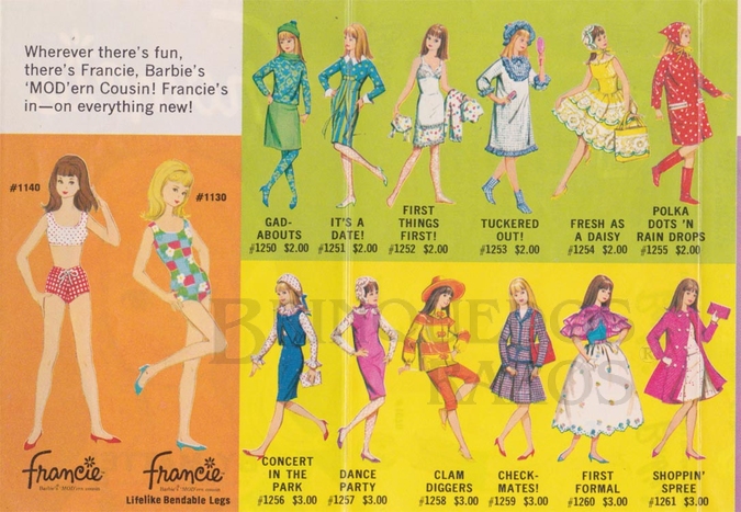 Brinquedo antigo Interior do Folheto mostrando as duas Bonecas lançadas; a Francie Loira e a Francie Morena mais 12 Conjuntos de Roupas e Acessórios Ano 1966