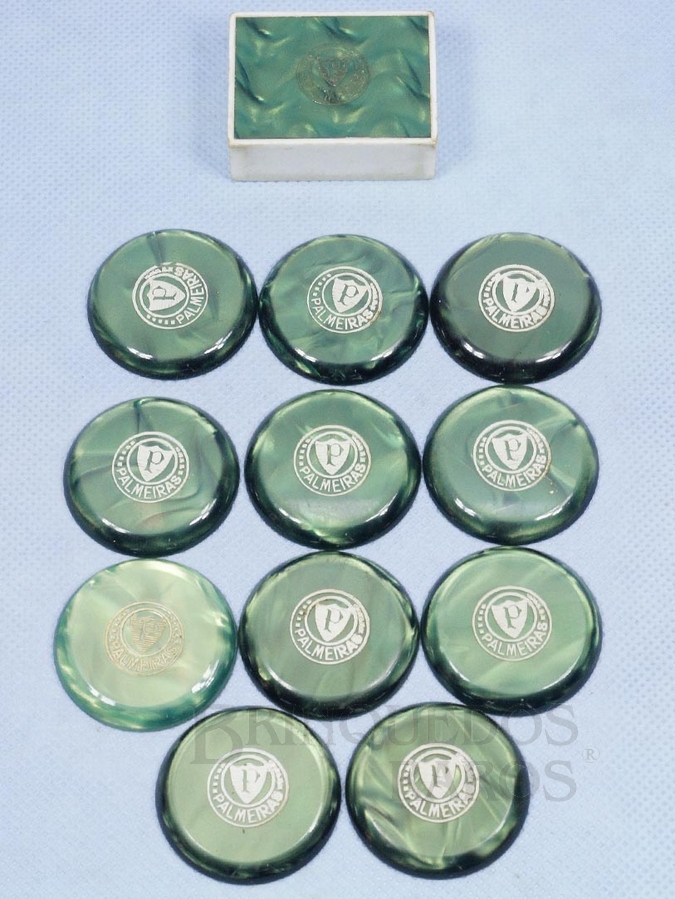 Brinquedo antigo Jogo de Futebol de Botão perolado com o time do Palmeiras Série Bolacril Completo Década de 1970