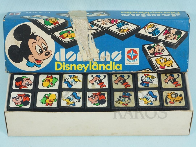 Brinquedo antigo Jogo de Dominó Disneylândia com 28 pedras negras com Personagens Disney Apresenta no verso Figura de Leão em alto relevo Caixa de Papelão Ano 1977