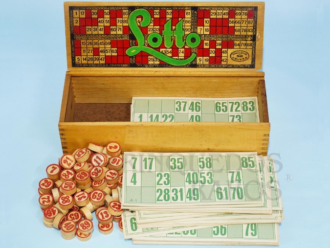 Brinquedo antigo Jogo Loto Lotto Bingo Tombola com 60 Cartelas Pedras de madeira Caixa de madeira Década de 1960